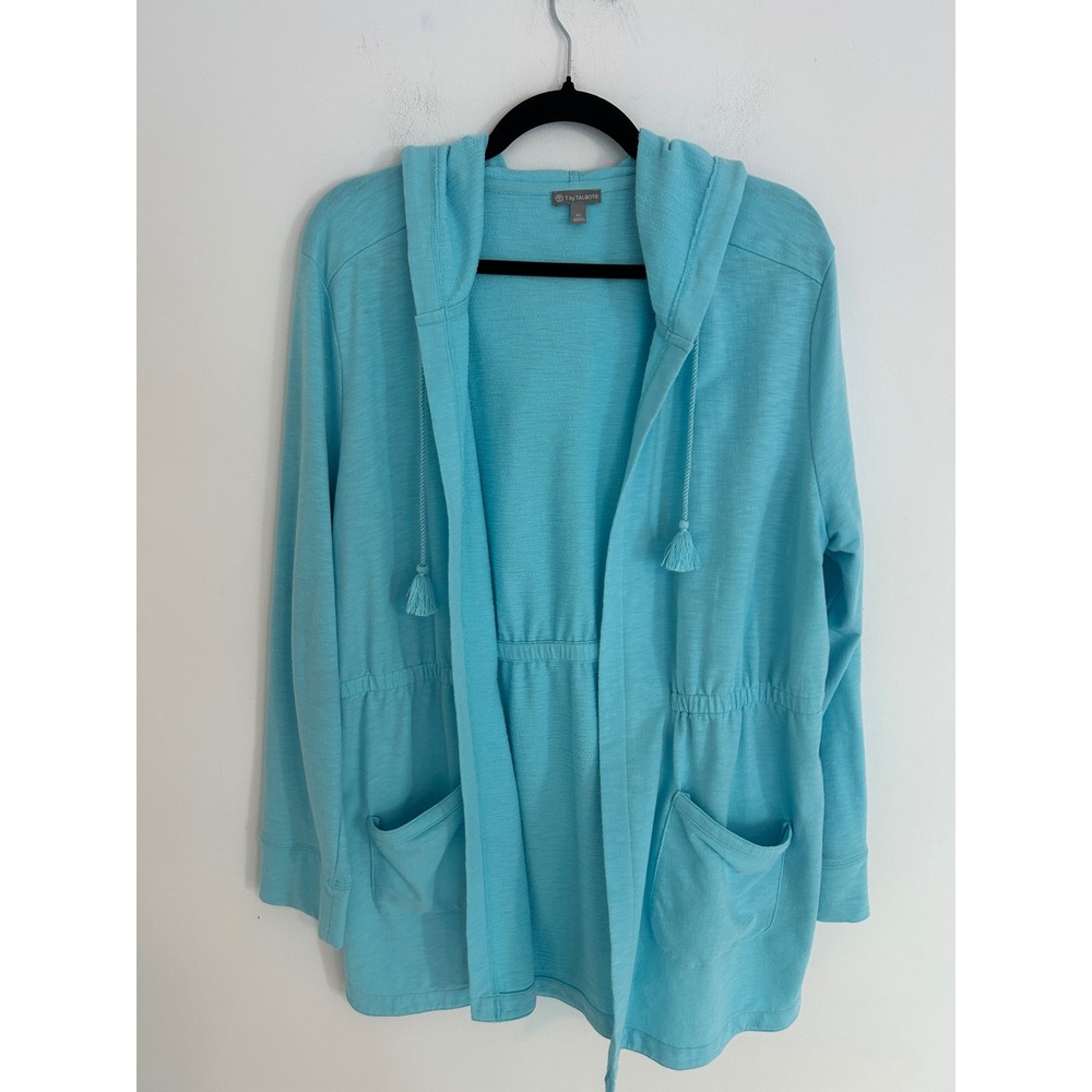 T by Talbots Turquoise Blue Hooded Open Cardigan XL Cinched Waist Tassel Pockets